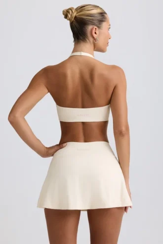 Fustă-pantalon mini din jersey periat, cu talie încrucișată, în culoarea Ivory Marl Fustă-pantalon mini din jersey periat, cu talie încrucișată, în culoarea Ivory Marl