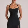 Fustă ultra mini bodycon cu talie medie și fante, Tula, în negru Fustă ultra mini bodycon cu talie medie și fante, Tula, în negru