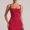 Fustă ultra mini bodycon Tula cu talie medie și fante, în roșu cireș Fustă ultra mini bodycon Tula cu talie medie și fante, în roșu cireș