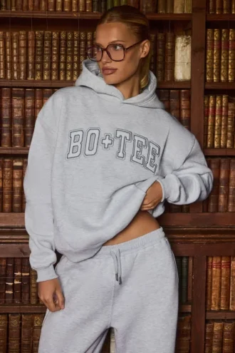 Hanorac oversized brodat, gri melanj