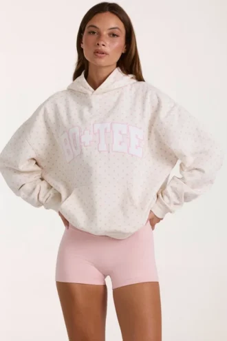 Hanorac oversized cu aplicație, în model cu buline de culoare ivoriu