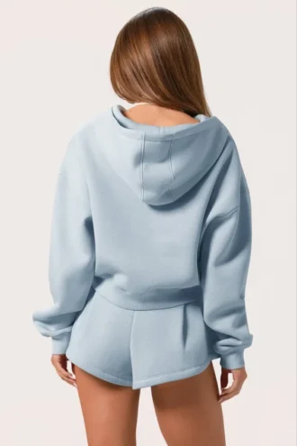 Hanorac oversized cu glugă și fermoar  în albastru pudră