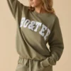 Hanorac oversized cu guler rotund, culoare verde măslin deschis
