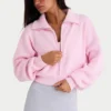 Hanorac scurt cu fermoar din tricot cu nervuri, în roz pal