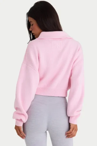 Hanorac scurt cu fermoar din tricot cu nervuri, în roz pal