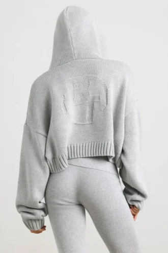 Hanorac scurt cu glugă și fermoar TRUE din tricot gros, în culoarea gri melanj