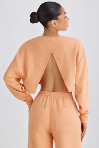 Hanorac scurt cu spate deschis din jersey de bumbac texturat, culoare piersică