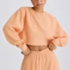 Hanorac scurt cu spate deschis din jersey de bumbac texturat, culoare piersică