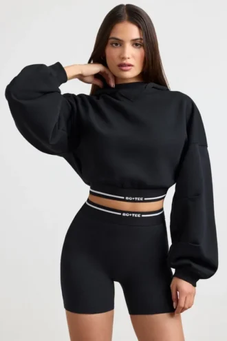 Hanorac scurt din bumbac elastic cu glugă, negru