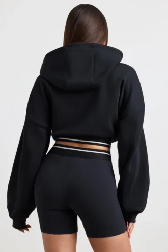 Hanorac scurt din bumbac elastic cu glugă, negru
