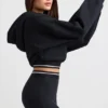 Hanorac scurt din bumbac elastic cu glugă, negru Hanorac scurt din bumbac elastic cu glugă, negru
