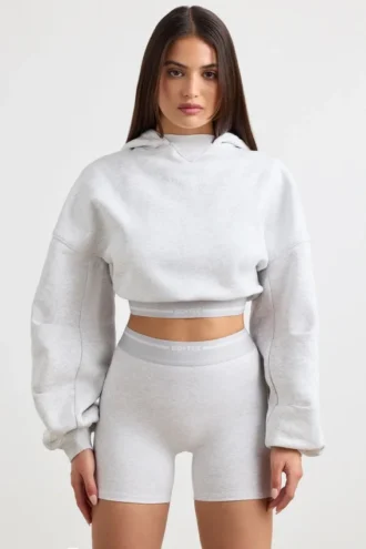 Hanorac scurt din fleece de bumbac elastic, gri melanj