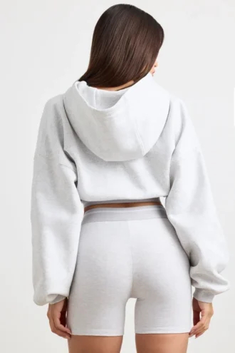 Hanorac scurt din fleece de bumbac elastic, gri melanj