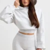 Hanorac scurt din fleece de bumbac elastic, gri melanj