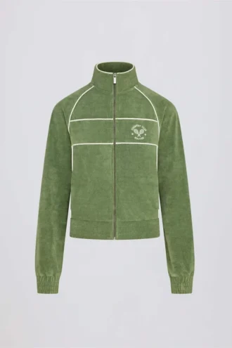 Hanorac scurt din material frotat cu fermoar, de culoare verde