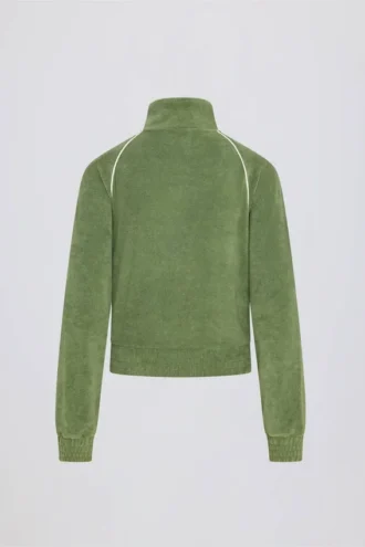 Hanorac scurt din material frotat cu fermoar, de culoare verde