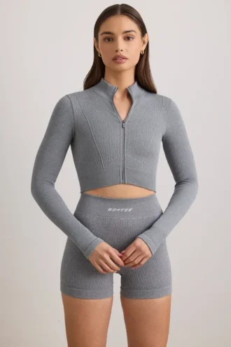 Jachetă cropped FlexiRib în gri melanj
