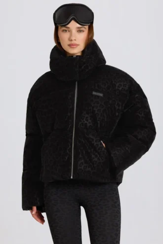 Jachetă de schi impermeabilă, croită scurt, oversized, în model leopard negru