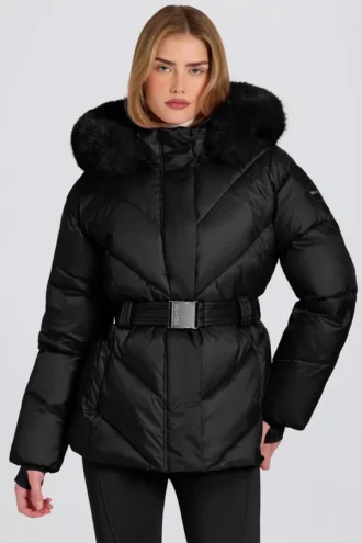 Jachetă de schi impermeabilă cu glugă din blană artificială, negru