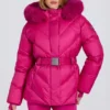 Jachetă de schi impermeabilă cu glugă din blană artificială, roz magenta Jachetă de schi impermeabilă cu glugă din blană artificială, roz magenta