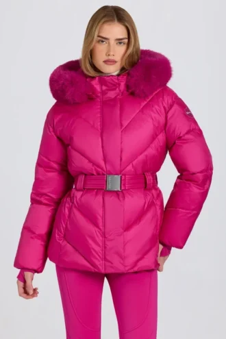 Jachetă de schi impermeabilă cu glugă din blană artificială, roz magenta