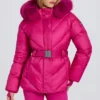 Jachetă de schi impermeabilă cu glugă din blană artificială, roz magenta Jachetă de schi impermeabilă cu glugă din blană artificială, roz magenta
