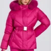 Jachetă de schi impermeabilă cu glugă din blană artificială, roz magenta Jachetă de schi impermeabilă cu glugă din blană artificială, roz magenta