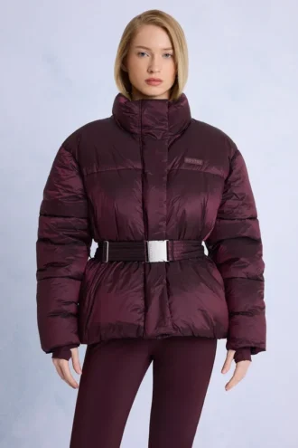 Jachetă de schi impermeabilă, oversized, cu centură, în culoarea burgund