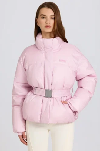 Jachetă de schi impermeabilă, oversized, cu centură, în culoarea roz pudră