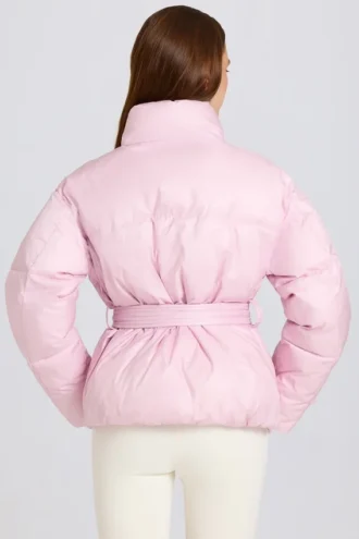 Jachetă de schi impermeabilă, oversized, cu centură, în culoarea roz pudră