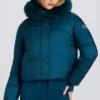 Jachetă de schi scurtă, impermeabilă, cu glugă din blană artificială, în culoarea verde-albăstrui
