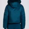 Jachetă de schi scurtă, impermeabilă, cu glugă din blană artificială, în culoarea verde-albăstrui