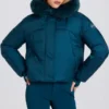 Jachetă de schi scurtă, impermeabilă, cu glugă din blană artificială, în culoarea verde-albăstrui