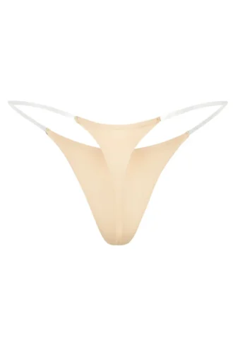 Lenjerie intimă Tanga din tricot fără cusături cu bretele transparente, culoare piersică caldă Lenjerie intimă Tanga din tricot fără cusături cu bretele transparente, culoare piersică caldă