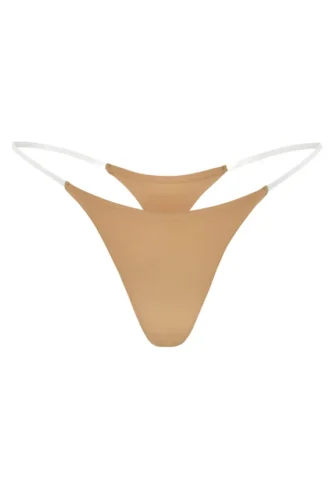 Lenjerie intimă Tanga din tricot fără cusături, cu bretele transparente, în culoarea caramel Lenjerie intimă Tanga din tricot fără cusături, cu bretele transparente, în culoarea caramel