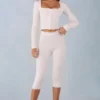Pantaloni capri din tricot Selene, talie medie, culoare ivoriu Pantaloni capri din tricot Selene, talie medie, culoare ivoriu