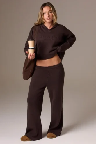 Pantaloni de jogging cu croi larg din tricot cu nervuri, culoare Pecan Pantaloni de jogging cu croi larg din tricot cu nervuri, culoare Pecan