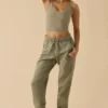 Pantaloni de jogging din fleece de bumbac cu talie medie, în culoarea verde kaki Pantaloni de jogging din fleece de bumbac cu talie medie, în culoarea verde kaki