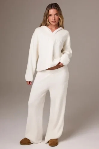 Pantaloni de jogging din tricot cu nervuri și croi larg, culoare Ivory Pantaloni de jogging din tricot cu nervuri și croi larg, culoare Ivory