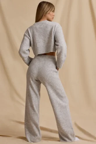Pantaloni de jogging din tricot cu nervuri, talie medie și croi larg, în culoarea Ice Marl Pantaloni de jogging din tricot cu nervuri, talie medie și croi larg, în culoarea Ice Marl