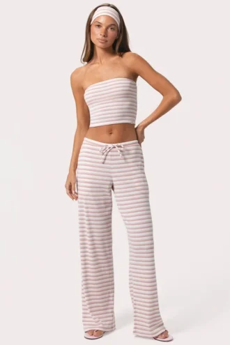 Pantaloni din jersey cu nervuri, talie joasă, cu dungi roz Pantaloni din jersey cu nervuri, talie joasă, cu dungi roz