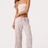 Pantaloni din jersey cu nervuri, talie joasă, cu dungi roz Pantaloni din jersey cu nervuri, talie joasă, cu dungi roz