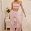 Pantaloni drepți cu talie medie Libby Pointelle în roz pal Pantaloni drepți cu talie medie Libby Pointelle în roz pal