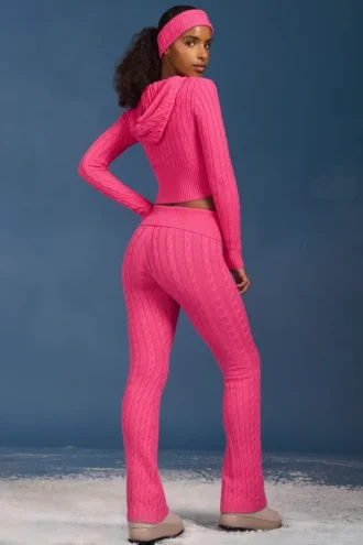 Pantaloni evazați cu pliu, cu model tricotat în zig-zag, în roz intens