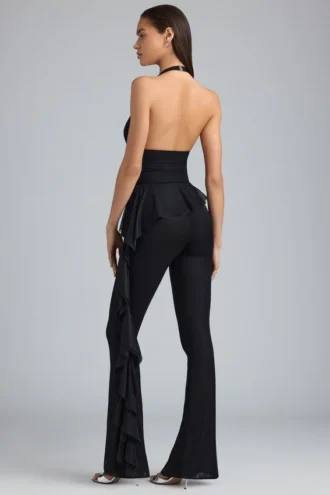 Pantaloni evazați cu talie joasă și volane metalice Reese, negri