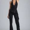 Pantaloni evazați cu talie joasă și volane metalice Reese, negri Pantaloni evazați cu talie joasă și volane metalice Reese, negri