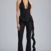 Pantaloni evazați cu talie joasă și volane metalice Reese, negri Pantaloni evazați cu talie joasă și volane metalice Reese, negri