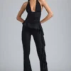 Pantaloni evazați cu talie joasă și volane metalice Reese, negri Pantaloni evazați cu talie joasă și volane metalice Reese, negri
