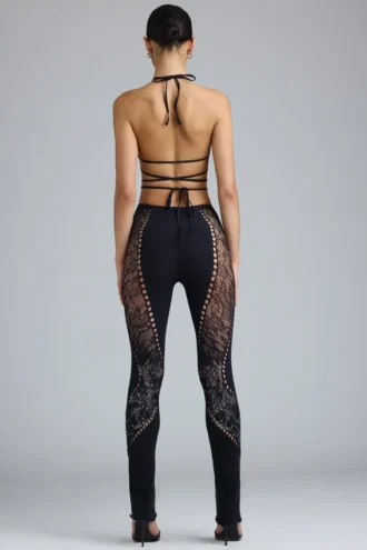 Pantaloni evazați cu talie medie și ornamente Stevie, negri