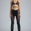 Pantaloni evazați cu talie medie și ornamente Stevie, negri Pantaloni evazați cu talie medie și ornamente Stevie, negri